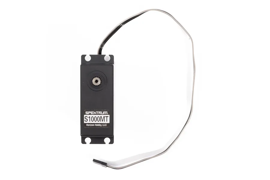 Spektrum S1000MT metal geared servo with black plastic casing and attached three-wire lead on a white background.
