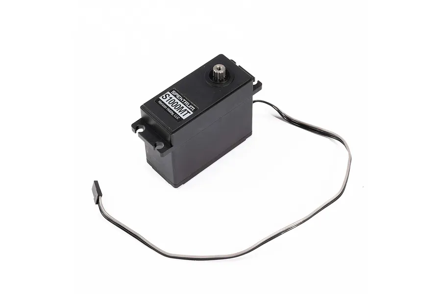 Spektrum S1000MT metal geared servo with black plastic casing and attached wire lead on a white background.