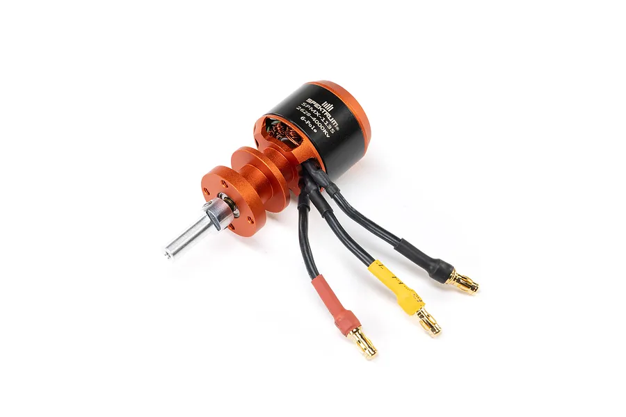 Spektrum 2628 4000KV brushless outrunner motor with orange and black casing, silver shaft, and three wires with gold bullet connectors.