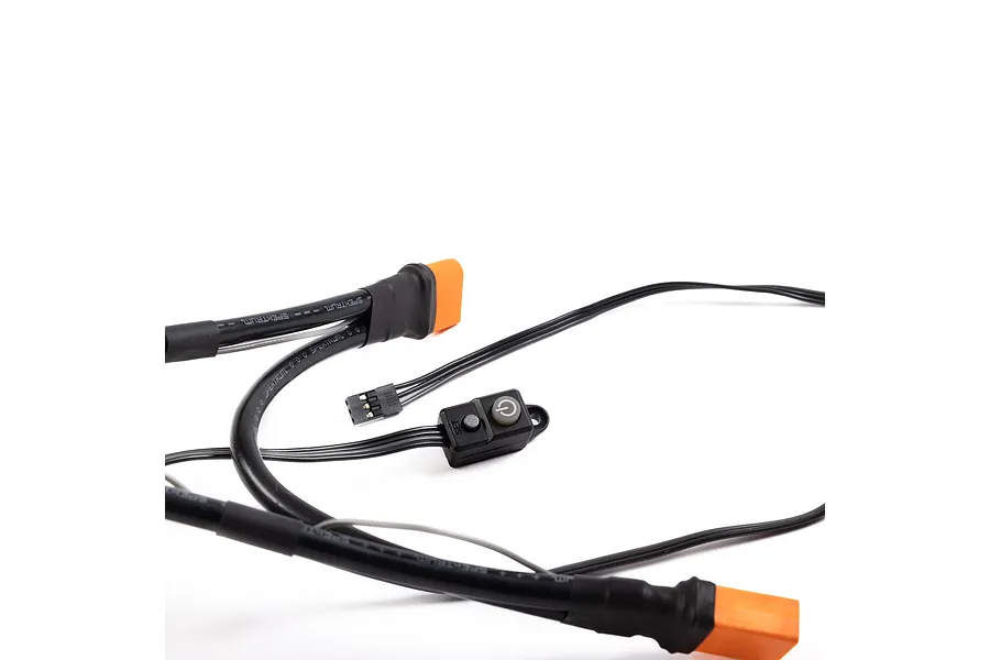 Spektrum Firma 250A ESC power switch and dual IC5 battery connectors with black wiring on a white background.