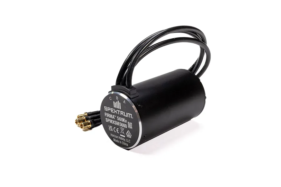 Spektrum Firma 560Kv brushless motor with black casing and three wires with gold-plated bullet connectors against a white background.