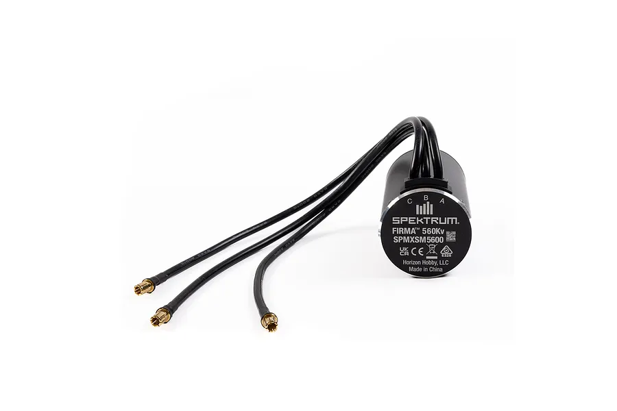 Spektrum Firma 70120 560Kv brushless motor with three black wires and gold bullet connectors on a white background.