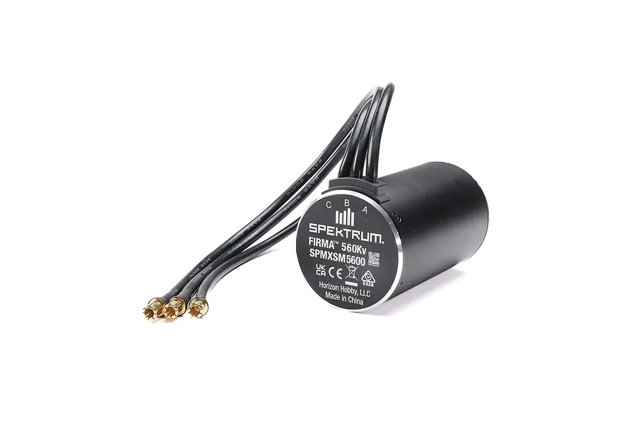 Spektrum Firma 560Kv brushless motor with three black wires and gold-plated bullet connectors against a white background.