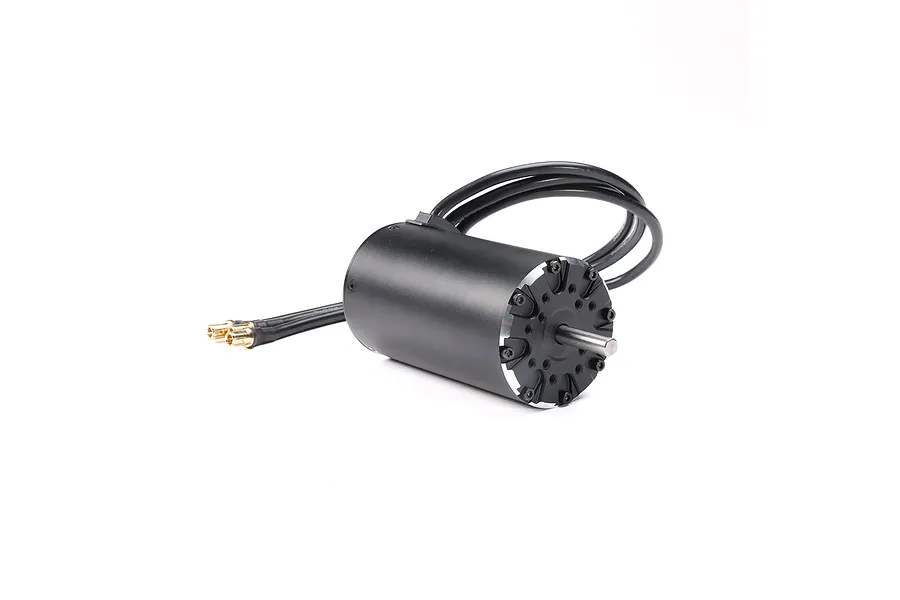 A black Spektrum Firma brushless motor with a silver output shaft and three black power wires ending in gold bullet connectors.