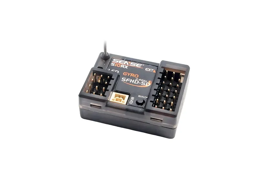 Sense Innovations S10RX 10-channel 2.4GHz RC receiver with integrated gyro, featuring a black plastic case with multiple pin headers.