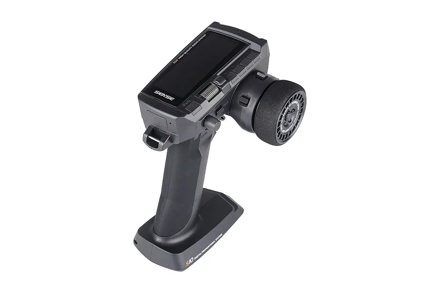Sense Innovations S10 10-channel RC transmitter in black, featuring a steering wheel, LCD screen, and ergonomic pistol-grip handle.