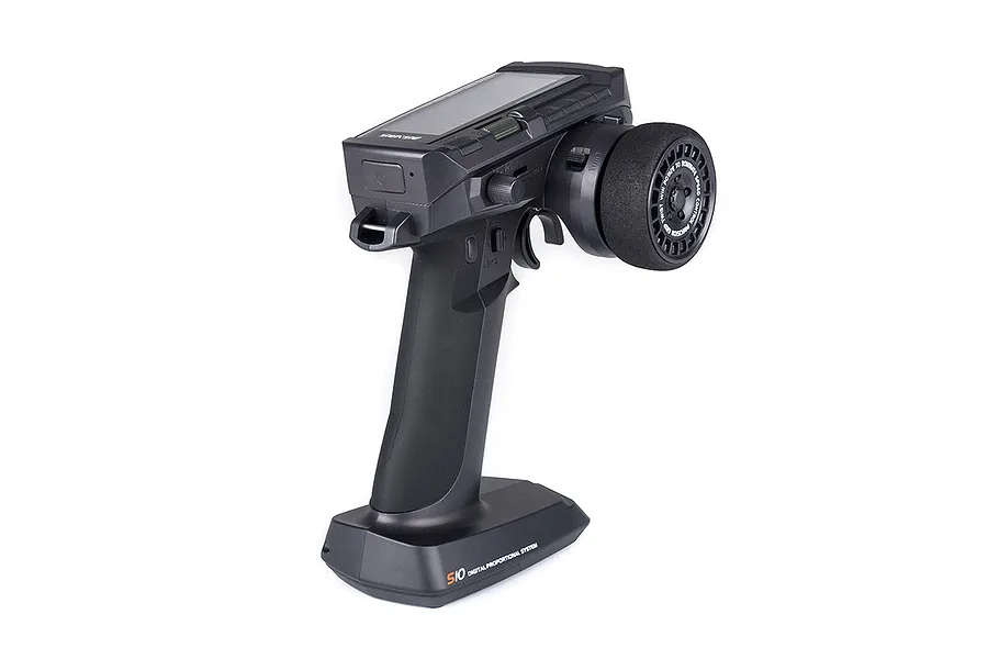 Sense Innovations S10 10-channel RC transmitter with a black pistol-grip design, steering wheel, and digital screen on a white background.