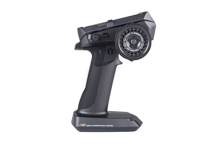 Sense Innovations S10 10-channel RC transmitter in black, featuring a steering wheel and various adjustment knobs on a white background.