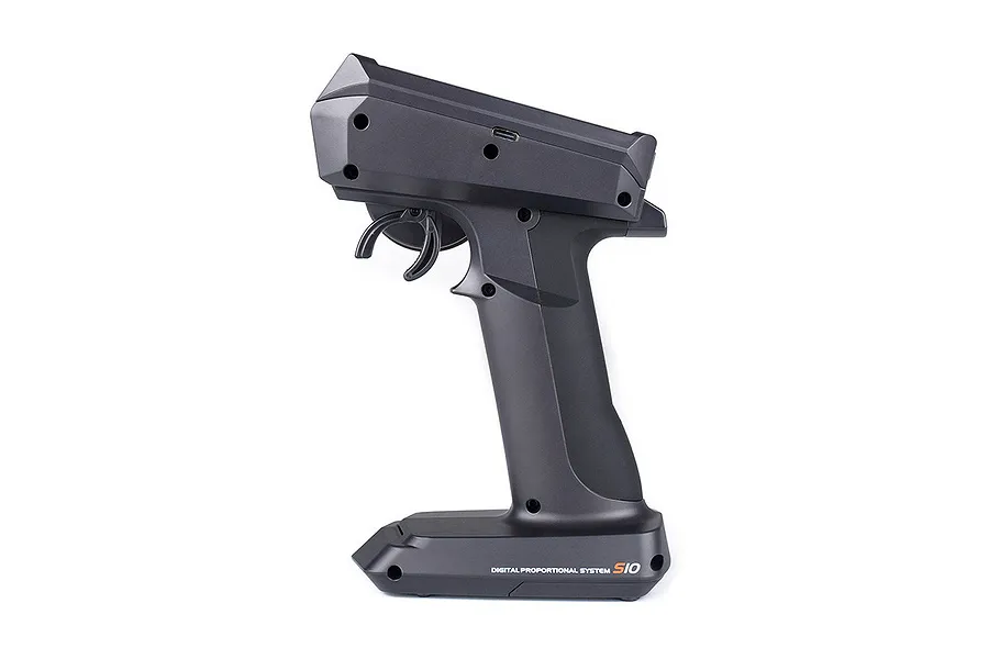 Side profile of a black Sense Innovations S10 pistol-grip RC transmitter on a white background.