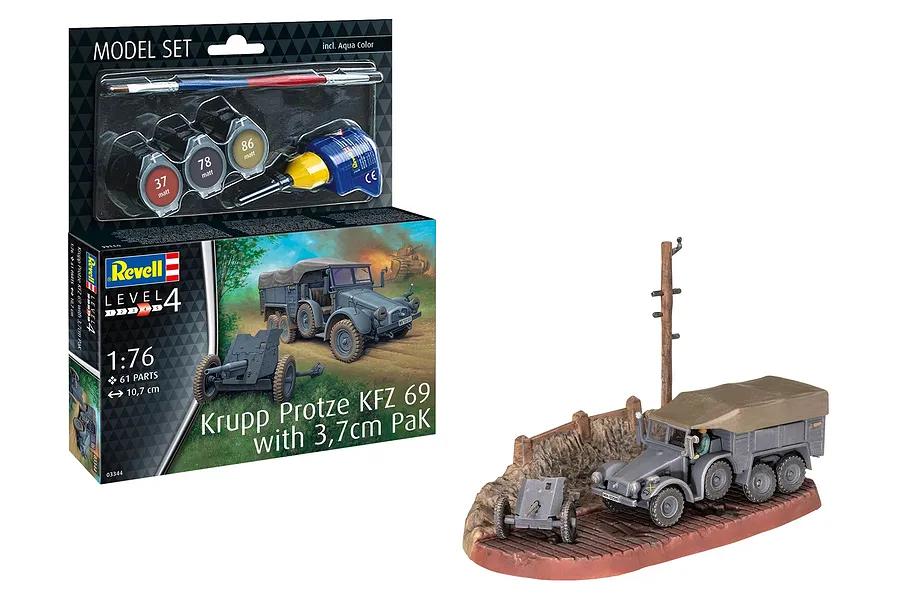 Revell 1/76 scale Krupp Protze KFZ 69 with 3.7cm Pak model kit box and a completed, painted model on a diorama base.