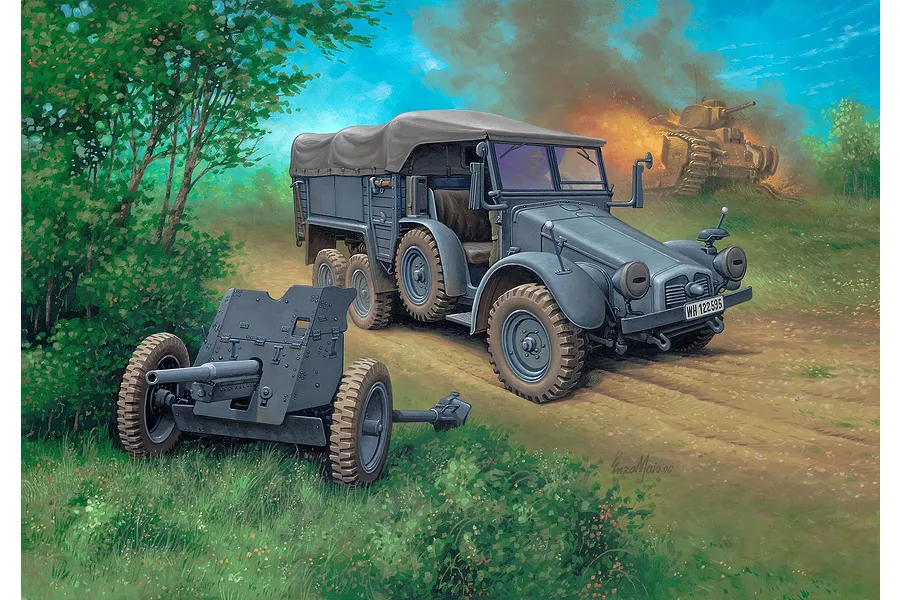 Box art illustration of a German Krupp Protze KFZ 69 truck and 3.7cm Pak anti-tank gun in a field with a tank burning in the background.
