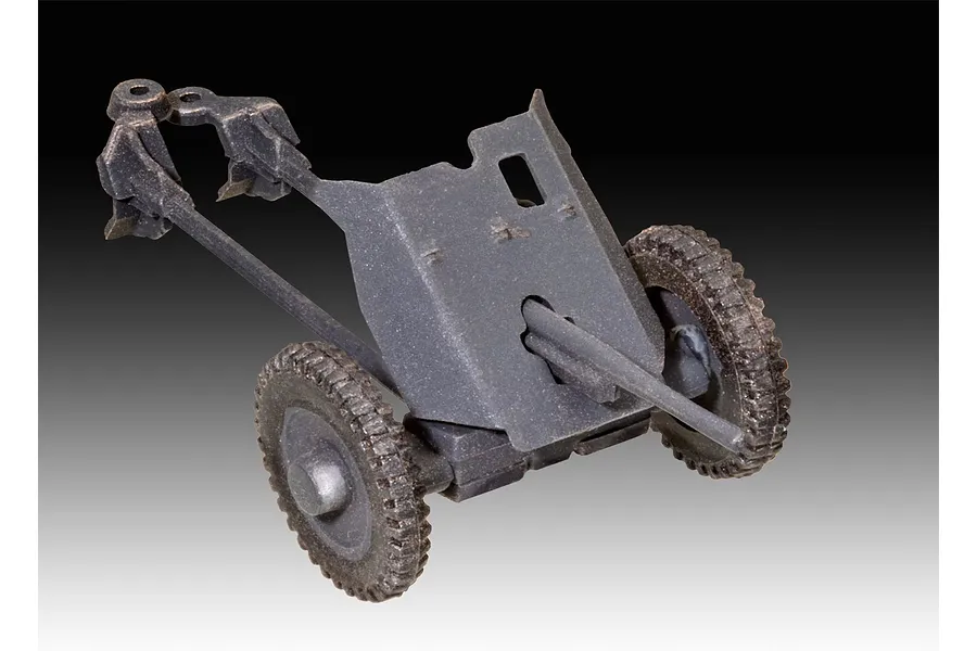 A partially assembled 1/76 scale 3.7cm Pak anti-tank gun model, painted in a dark grey finish against a gradient background.
