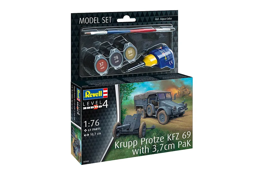 Revell 1/76 scale Krupp Protze KFZ 69 with 3.7cm Pak model kit box, including paints, brush, and glue.