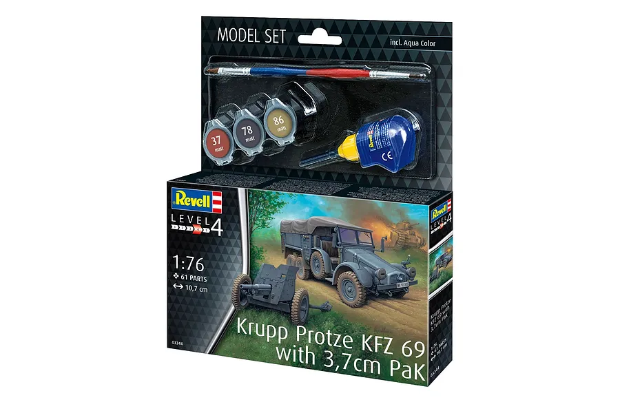Revell 1/76 scale Krupp Protze KFZ 69 with 3.7cm Pak model kit box, including paints, glue, and a brush.