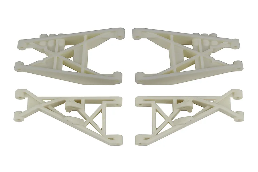 A set of four white plastic RC suspension arms arranged on a white background.