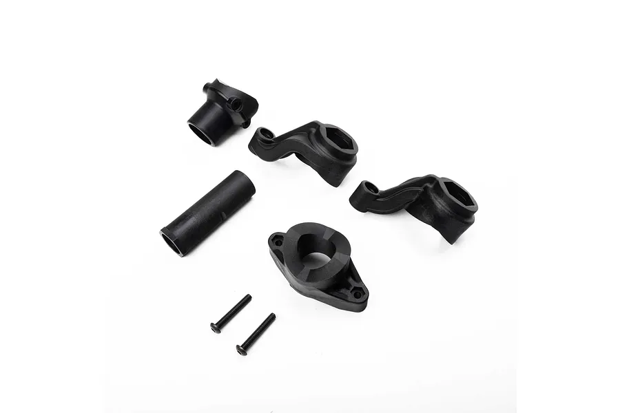 Losi dual sided servo saver and bellcrank set components including plastic arms, a sleeve, and two screws on a white background.