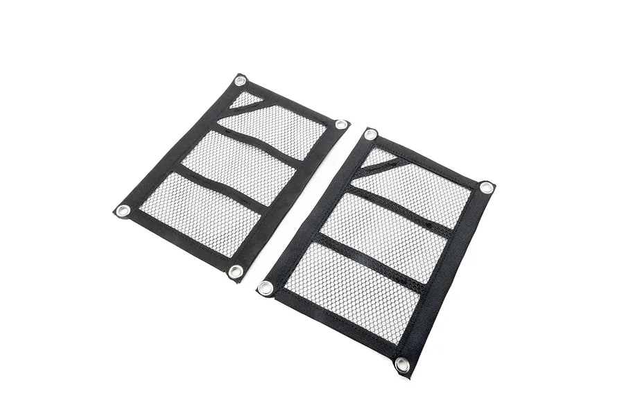 A pair of black rectangular RC window nets with metal eyelets, isolated on a white background.