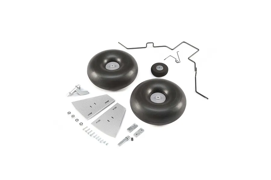 HobbyZone landing gear set including two large main wheels, one small nose wheel, metal wire struts, plastic fairings, and various mounting screws.