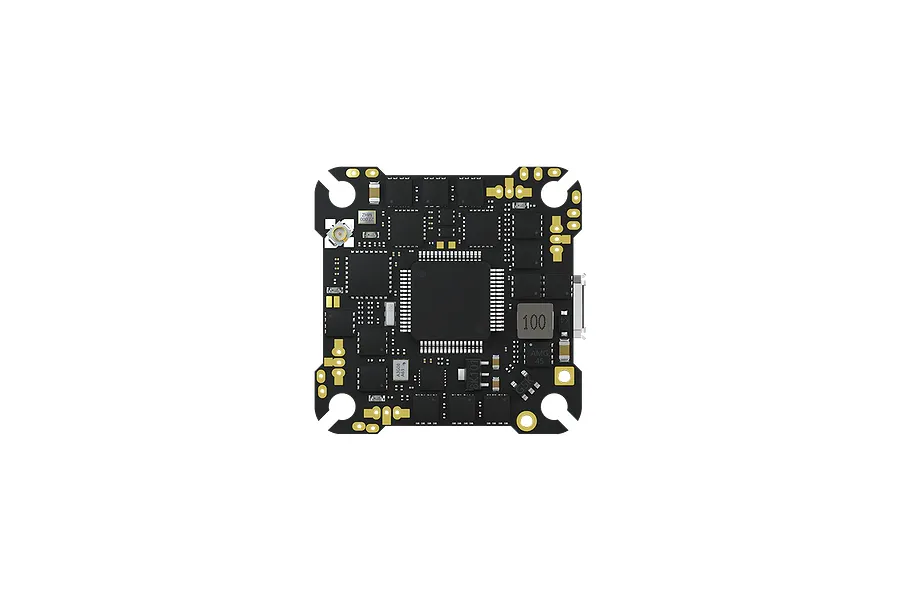 Top-down view of a black CaddxFPV F4 AIO flight controller circuit board with gold solder pads and various electronic components.