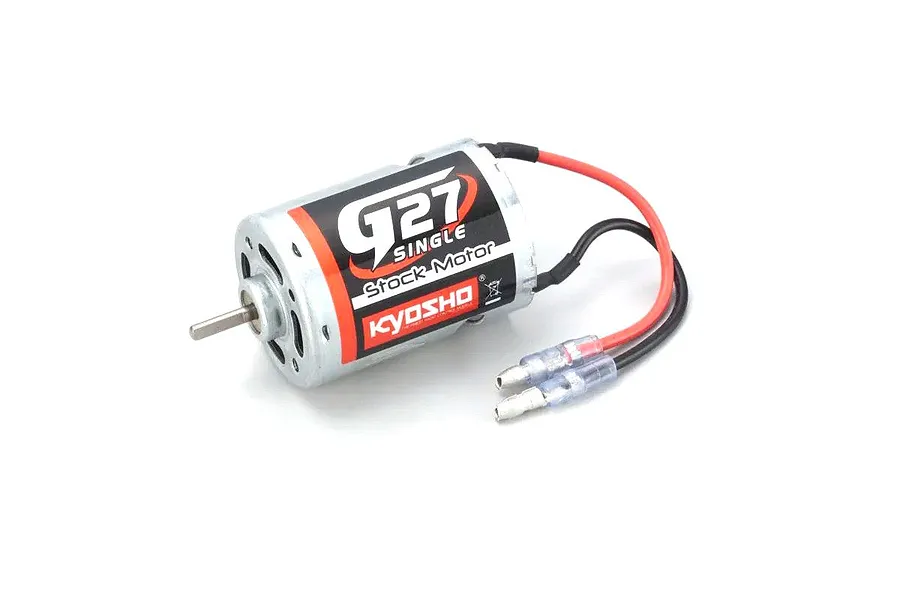 Kyosho G27 540 size brushed RC motor with red and black wires and bullet connectors.