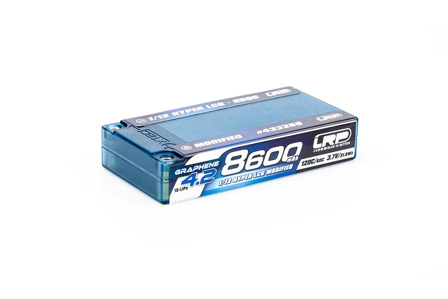 LRP Graphene 4.2 8600mAh 1S LiPo battery in a blue translucent hard case, viewed from an angle against a white background.
