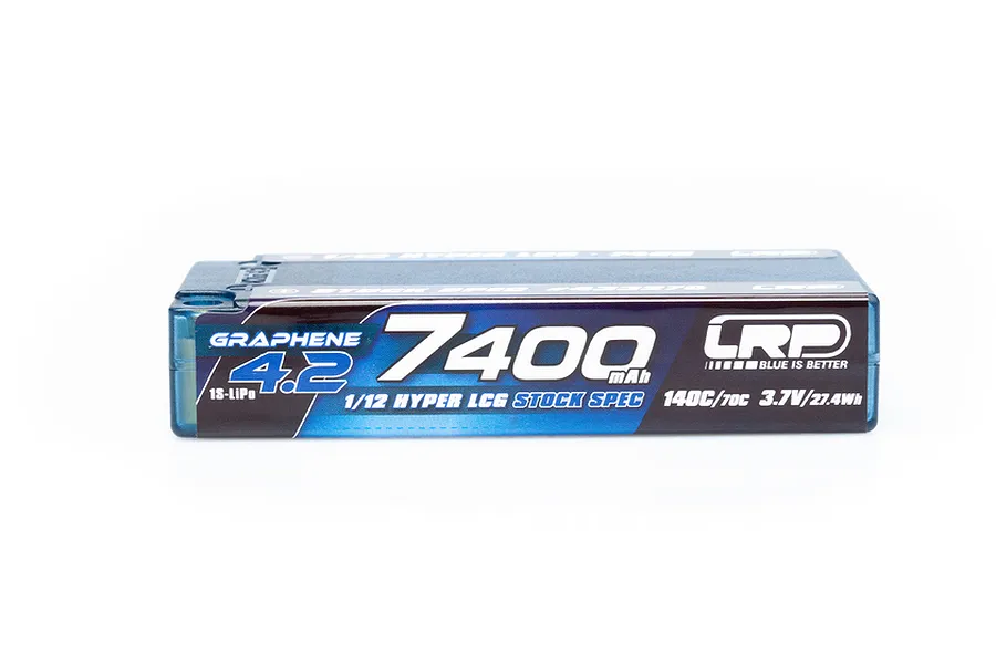 LRP 7400mAh 1S LiPo battery in a blue hard case, side view showing branding and specifications.