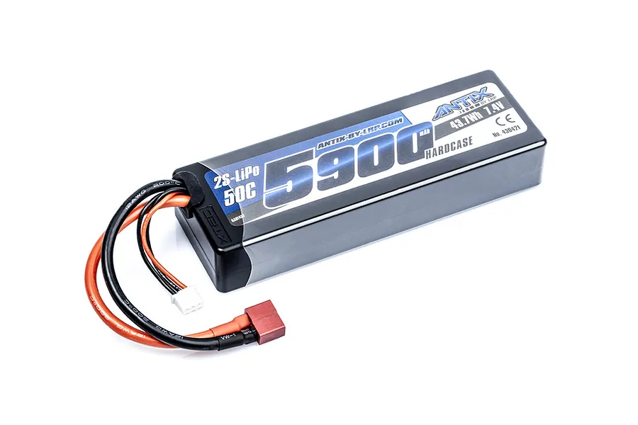LRP Antix 7.4V 5900mAh 50C 2S hard case LiPo battery with T-style connector and balance plug.