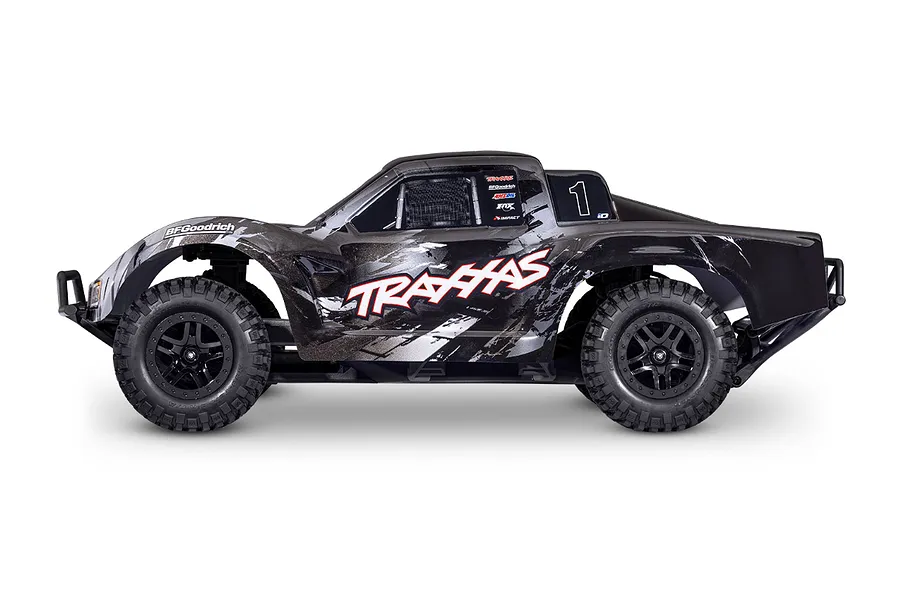 Side profile of a black Traxxas Slash 2WD RC short course truck with white and grey racing graphics on a white background.