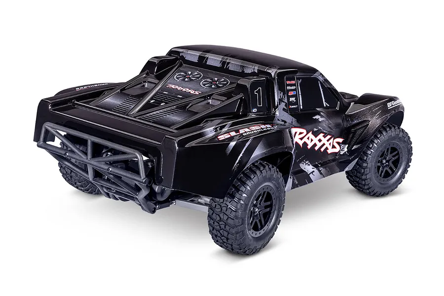 Rear three-quarter view of a black Traxxas Slash 2WD RC short course truck with white and red racing decals on a white background.