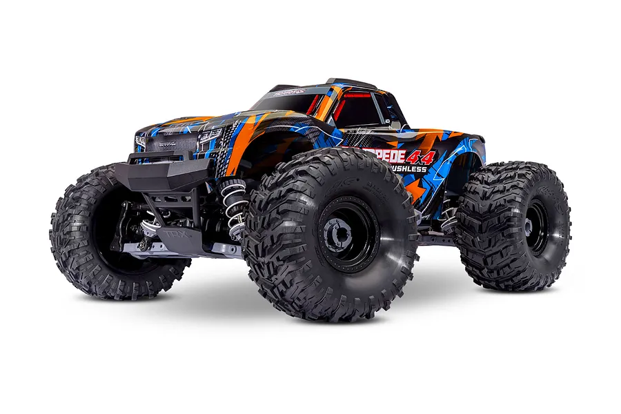 Traxxas Stampede 4X4 VXL RC monster truck with blue and orange graphic body, large black off-road tires, and black wheels on a white background.