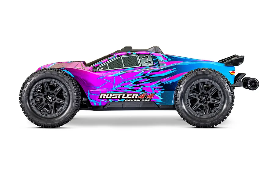 Side view of a Traxxas Rustler 4X4 VXL RC stadium truck with a vibrant purple and blue graphic body shell on a white background.