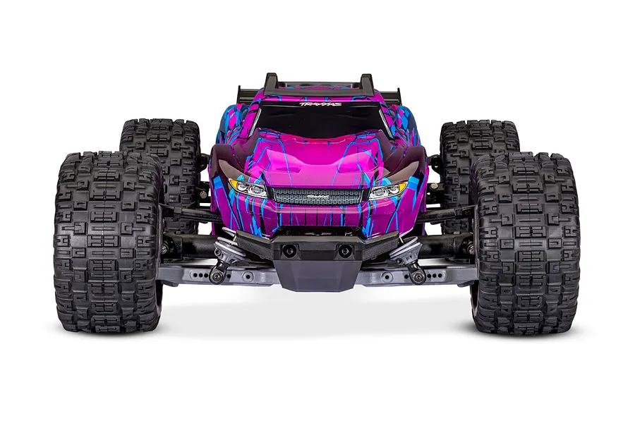Front view of a Traxxas Rustler 4X4 RC stadium truck with a bright pink and blue patterned body shell on a white background.