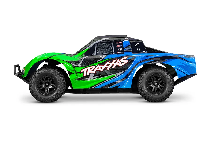 Side profile of a Traxxas Slash 4X4 RC short course truck with a green and blue graphic body shell on a white background.