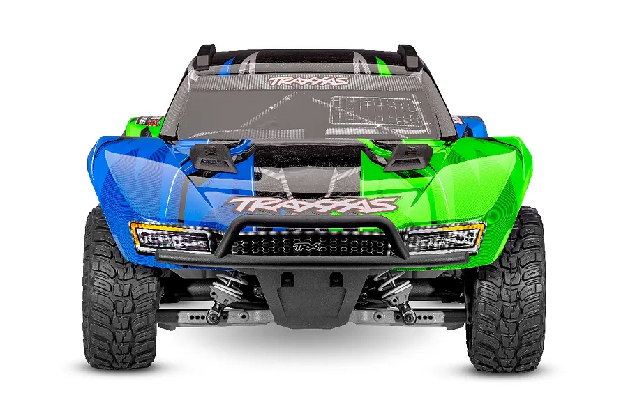 Front view of a Traxxas Slash 4X4 RC short course truck with a blue and green body shell, black bumper, and off-road tires against a white background.