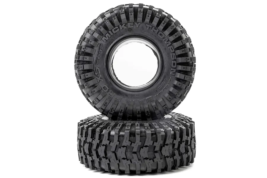Two Pro-Line 1.9 inch Mickey Thompson Baja Pro XS crawler tyres stacked on a white background.