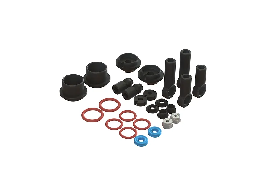 A collection of black plastic shock components, red and blue O-rings, and small metal nuts for a Pro-Line RC shock rebuild kit.