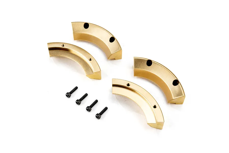 Four curved brass wheel weights and four black socket head screws arranged on a white background.