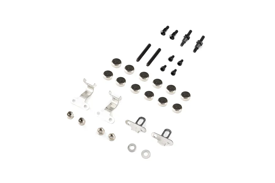 A hardware kit containing various metal screws, nuts, washers, and small metal brackets arranged on a white background.