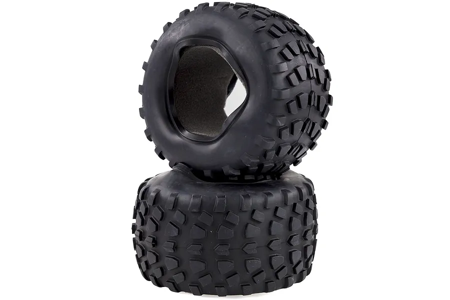 Two black rubber off-road RC monster truck tyres stacked vertically against a white background.