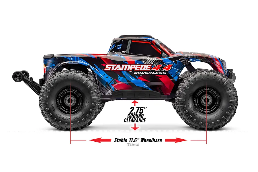 Side view of a Traxxas Stampede 4X4 VXL RC monster truck with red and blue graphics, showing ground clearance and wheelbase measurements.