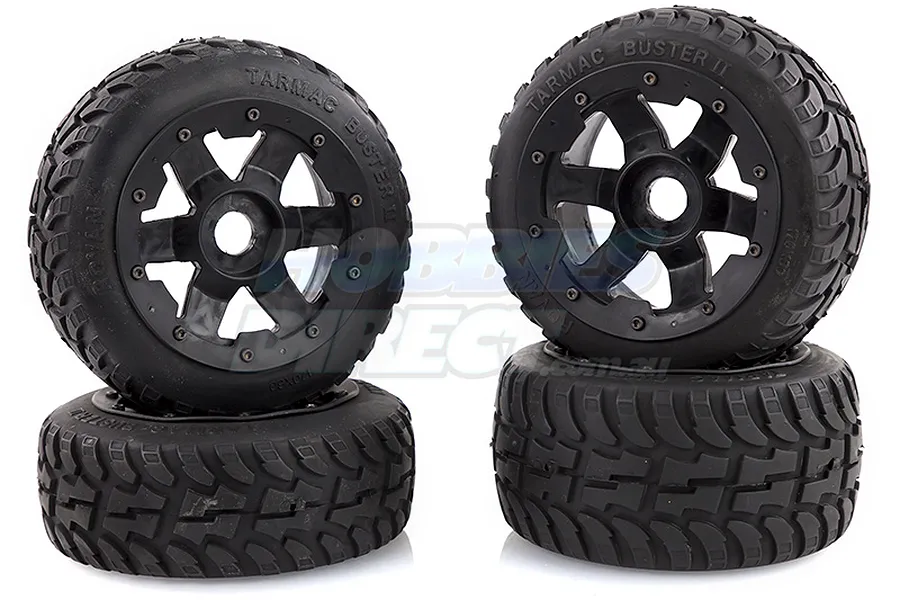 Rovan 4.7/5.5&amp;quot; Baja 5B Tarmac Buster II Tyres on Black Rims - Beadlocked Wheel Set image 15667