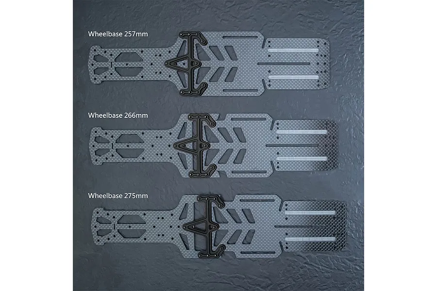 Three MST carbon fiber RC chassis lower decks shown in different configurations for 257mm, 266mm, and 275mm wheelbases.