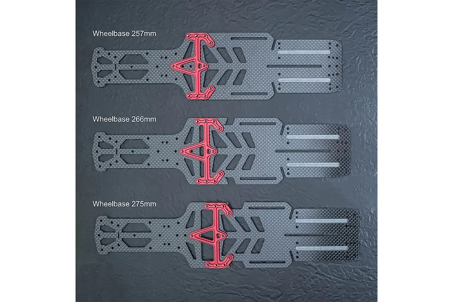 Three MST carbon fiber RC chassis lower decks with red aluminum braces, shown at 257mm, 266mm, and 275mm wheelbase configurations.