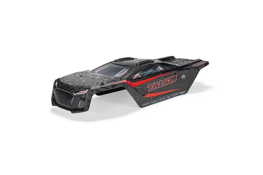 A black and grey ARRMA Talion 1/7 scale RC truggy body shell with red accents and sponsor decals, isolated on a white background.