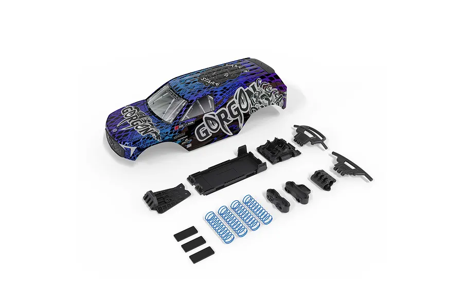 ARRMA Gorgon 1/10 scale RC truck body shell in blue and black with included plastic parts and suspension springs.