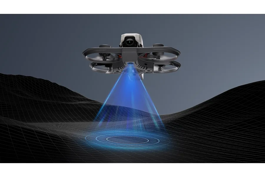 A CaddxFPV Protos FPV drone hovering above a digital wireframe landscape, projecting a blue light beam downwards.