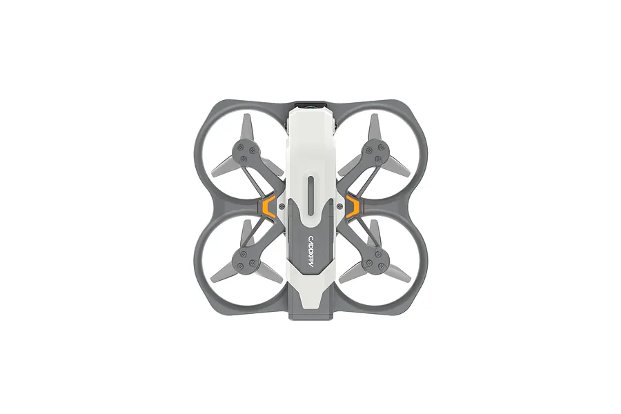 Top-down view of the CaddxFPV Protos FPV drone featuring a white and grey ducted frame design with four propellers.