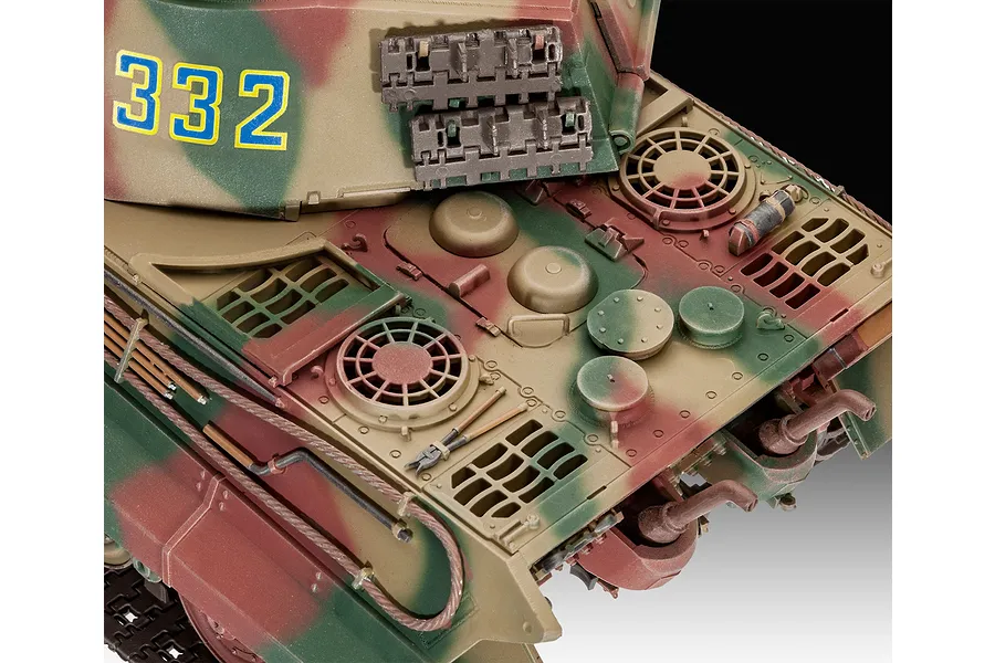 Close-up of a painted Tiger II tank model showing the engine deck, turret side with number 332, and detailed camouflage pattern.