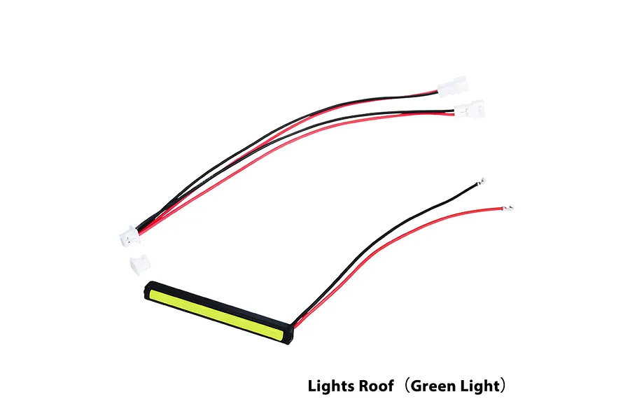 GPM Racing roof LED light bar with green light strip, black housing, and wiring with white connectors against a white background.