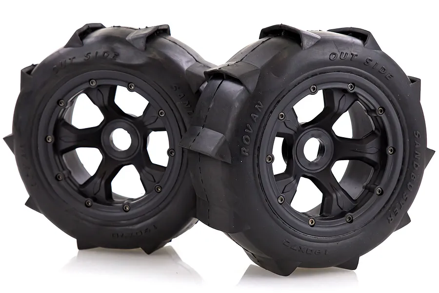 Rovan 4.7/5.5&amp;quot; Baja 5T/5SC Rear Sand Buster Tyres on Black Rims - Beadlocked Wheels 2Pcs image 15686